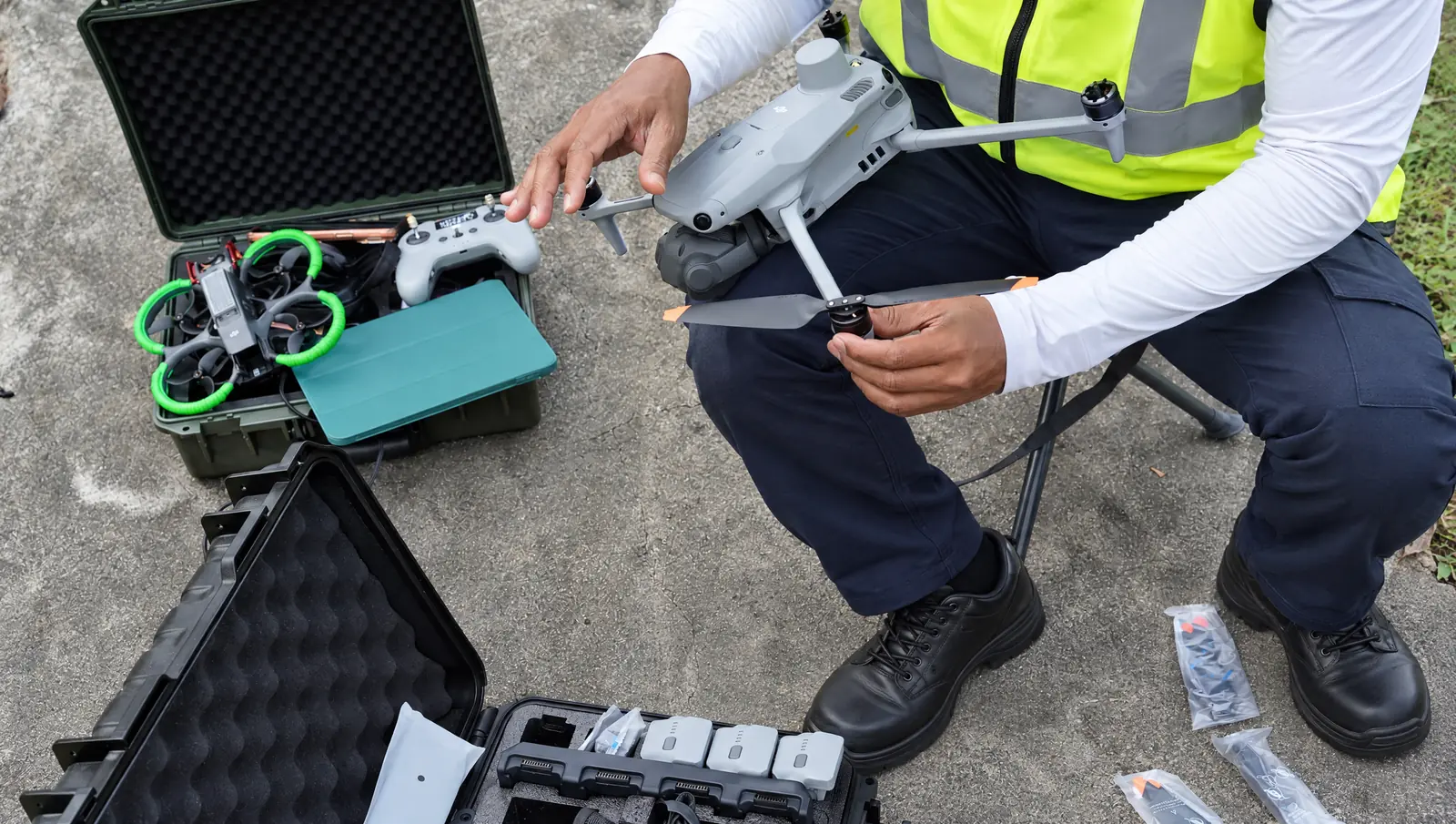 Drone operator in a hi-vis vest fitting a propeller to a quadcopter before a flight, with batteries and controllers in open cases on the ground