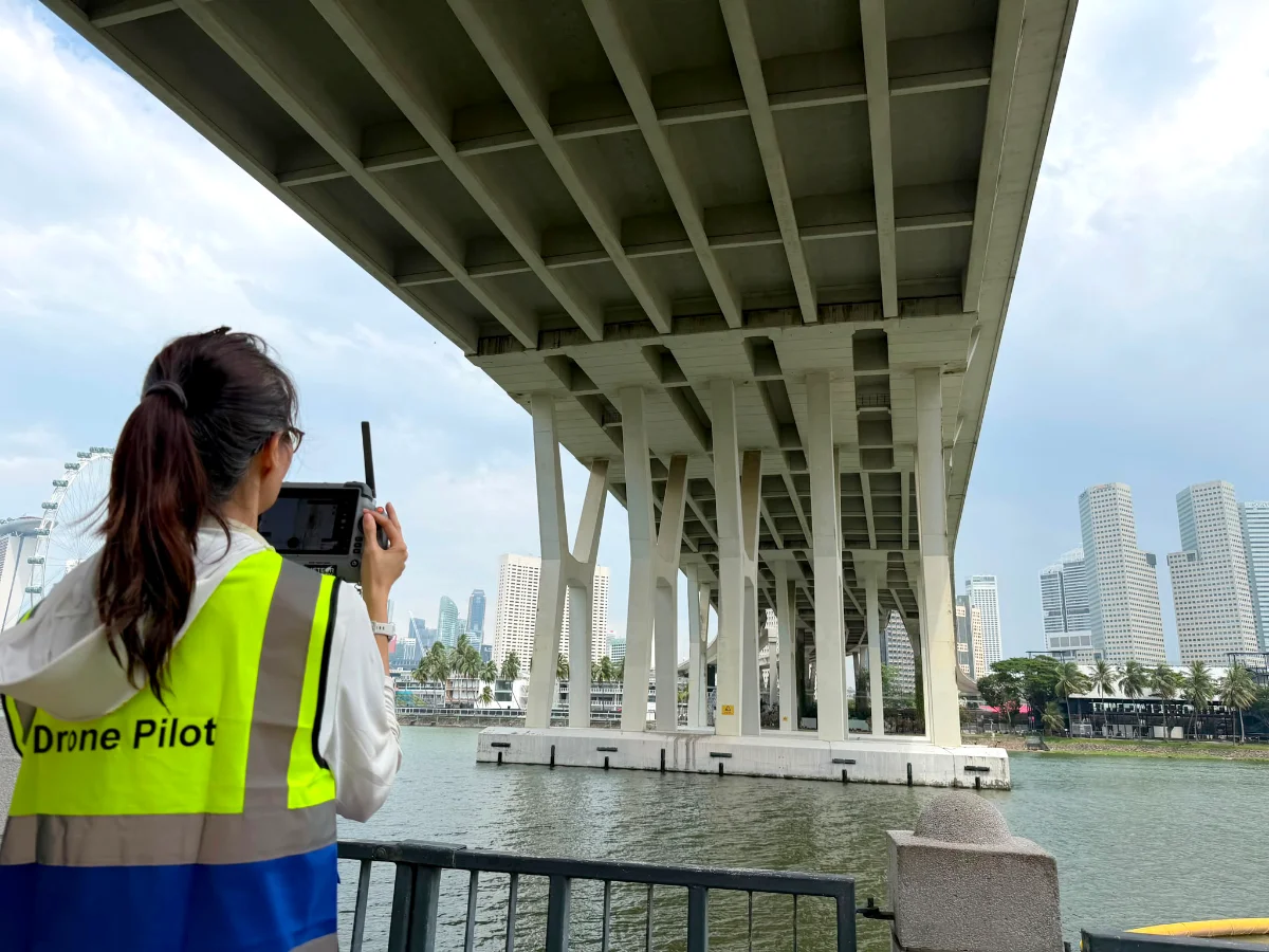 Drone inspecting a bridge soffit in Singapore