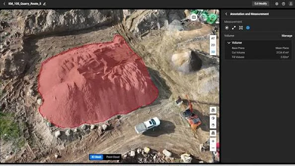 Aerial view of stockpiles measured in a volumetric drone survey